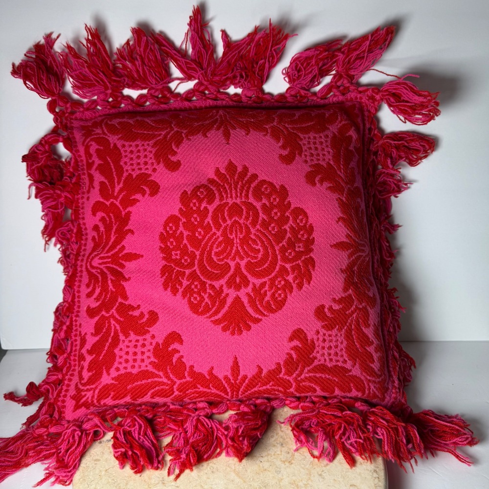 Vintage Damask Throw Pillow 10x10 Pink Red Tasseled Fringe Floral Medallion